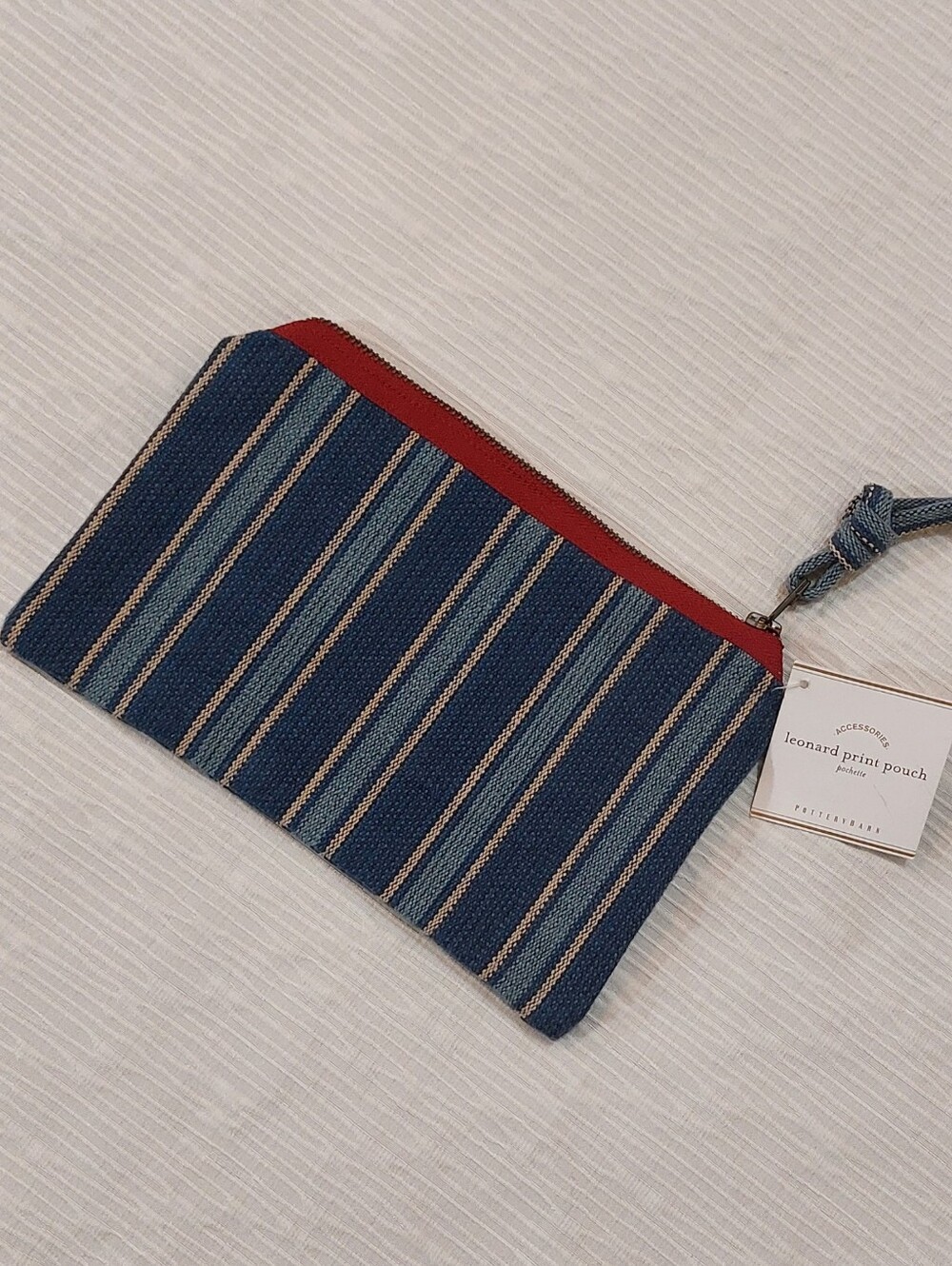 Pottery Barn Blue Striped Travel Pouch with Red Zipper